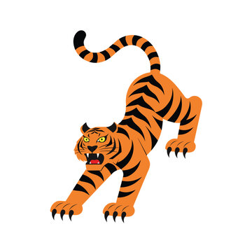 Stretching tiger with sharp claws cartoon illustration.
