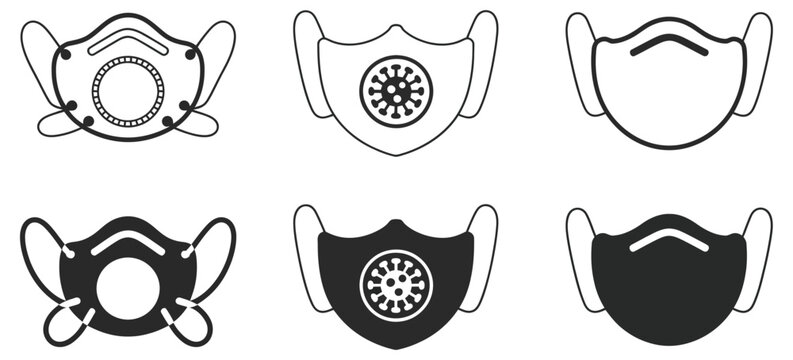 Medical face mask icons with valve and protection shield symbols, healthcare safety and protection set, isolated on transparent background.