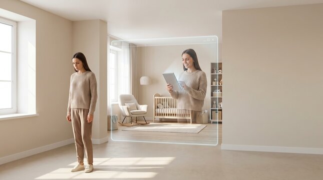 Woman Comparing Empty Nursery With Augmented Reality Setup