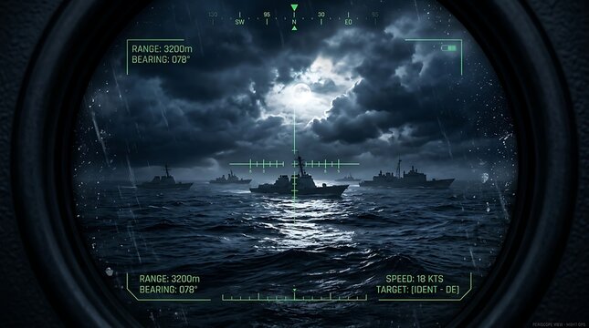 Naval fleet viewed through a submarine periscope at night with digital targeting overlay and moonlight reflecting on the ocean surface