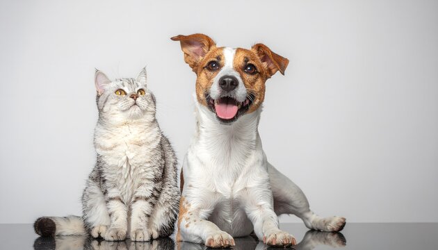 A happy Jack Russell Terrier dog and a fluffy silver tabby cat sitting side-by-side against a plain white background, looking in different directions.