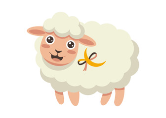 Fototapeta premium Cute sheep cartoon vector illustration, fluffy lamb with a bell collar isolated on white background