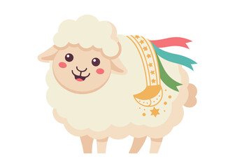 Naklejka premium Cute sheep cartoon vector illustration, fluffy lamb with a bell collar isolated on white background