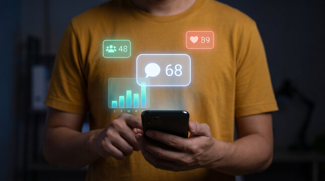 Man Holding Smartphone at Night to Receive Push Notifications, Track Follower Growth, and View Digital Engagement Metrics, Focusing on Social Media Reach, Online Community Building