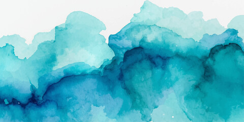 A vintage watercolor design of a textured blue iceberg nestled in snowy mountains under a cloudy summer sky © HMRabiul