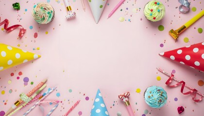 Fototapeta premium A festive overhead view of a pink background adorned with colorful birthday party elements, including hats, cupcakes, confetti, and streamers, creating a celebratory atmosphere.