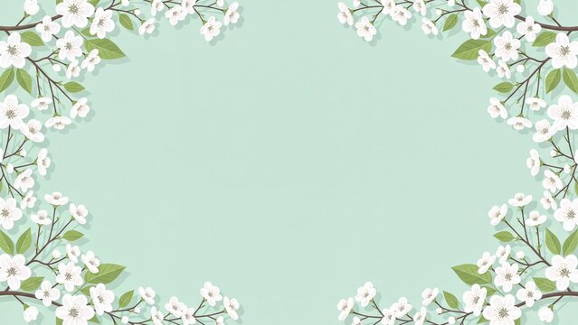 White cherry blossom frame on pastel green background with copy space