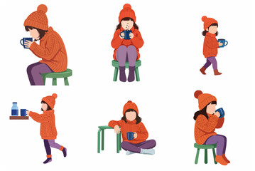 Fototapeta premium Vector illustration collection of a cute little girl in cozy orange winter outfit drinking hot cocoa