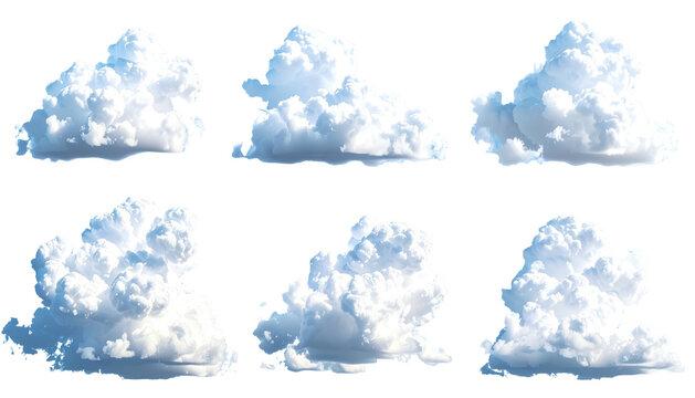 Six isolated puffy cloud formations with defined edges against a transparent background, depicting various shapes and sizes