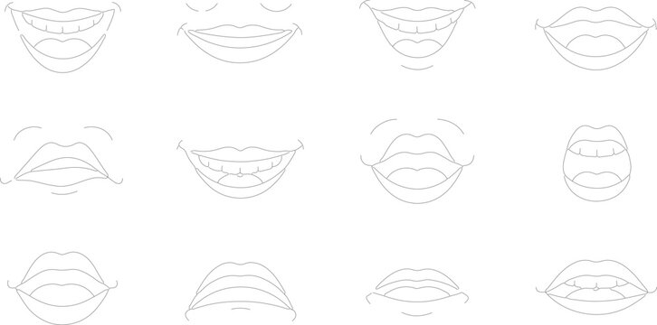 Set of twelve minimalist black line art icons featuring various human mouth expressions and lip shapes, including smiles with teeth, laughter, and pouting poses on white background