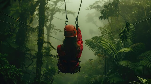 Female tourist taking zip line tour though Monteverde Cloud Forest, Costa Rica