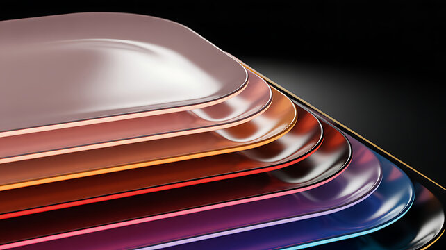 A stack of shiny metallic plates in various colors on a black background