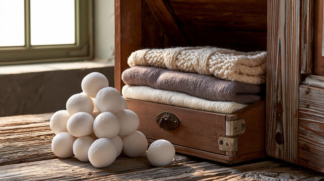 camphor. White camphor balls placed inside an antique wooden wardrobe with folded clothing. menu design, packaging mockups, designed for food delivery and cloud-kitchen brand materials.