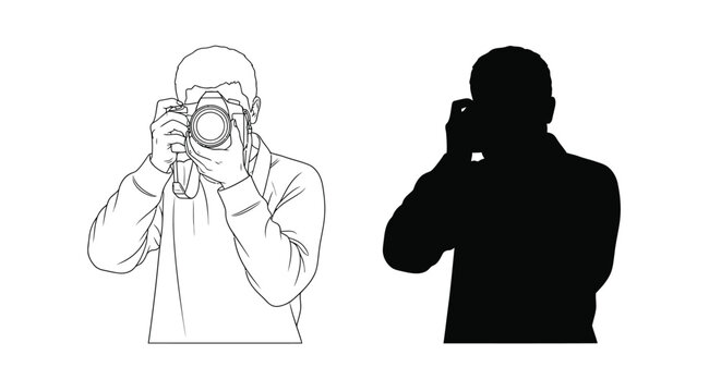 Professional photographer holding a digital camera while capturing images in this clean black and white line art vector illustration style
