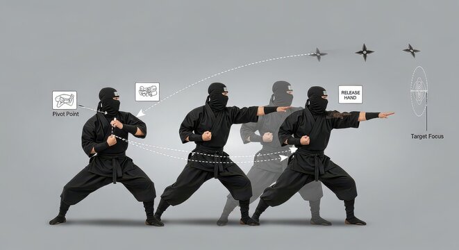 Ninja throwing shuriken with precise technique and focus on target practice in martial arts training.