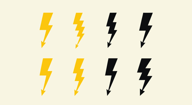 Collection of striking yellow and black lightning bolt vector illustrations, perfect for design projects needing energy and power icons