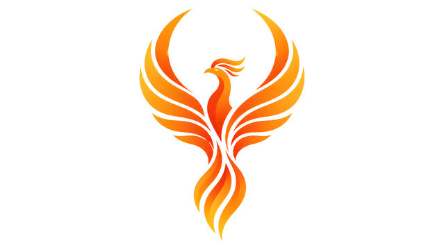Vibrant orange phoenix bird rises with fiery wings spread wide on white background symbolizing rebirth and renewal