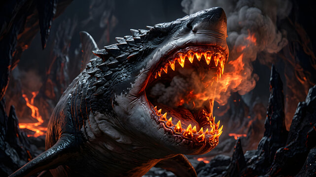 Fierce shark monster with fiery mouth attacks through flames and smoke in dark apocalyptic landscape