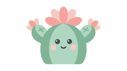 Fototapeta premium Cute blooming cactus cartoon vector illustration, funny smiling succulent character with pink flower isolated on white background