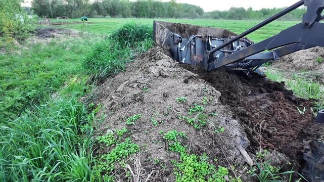 farm footage of a tractor front loader scooping aged manure from a large composted pile. The loader bucket opens, gathers organic fertilizer material, closes, lifts the load, and drives away