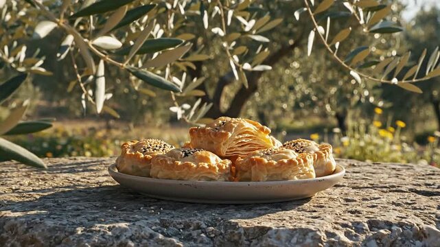 Artisanal Homemade Bread Resting on a Stone Surface Framed by Olive Leaves with Beautiful Floral Garden Background in Bright Natural Light