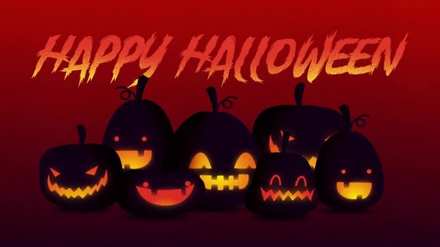 Glowing Halloween pumpkins with spooky faces jumping and floating beneath "Happy Halloween" text on a dark red background, cartoon animation.