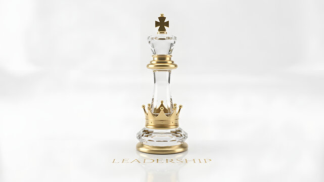 Glass chess piece king with gold crown and cross on white background with leadership text