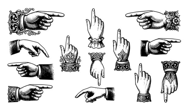 Pointing Hand Symbols Engraving Style Vector Collection in Retro Etching Design