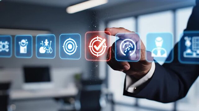 Businessman hand touching digital target icon on virtual interface in modern office
