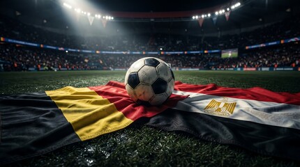 Naklejka premium Soccer ball resting on belgian and egyptian flags on a stadium pitch