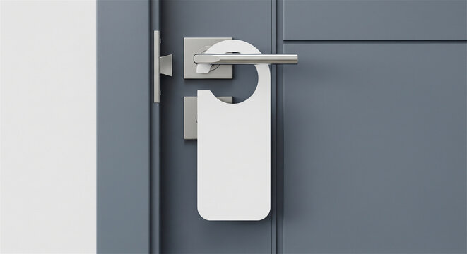 Blank white door hanger mockup on modern grey hotel door, clean paper sign on metal handle, minimalist do not disturb tag for hospitality branding