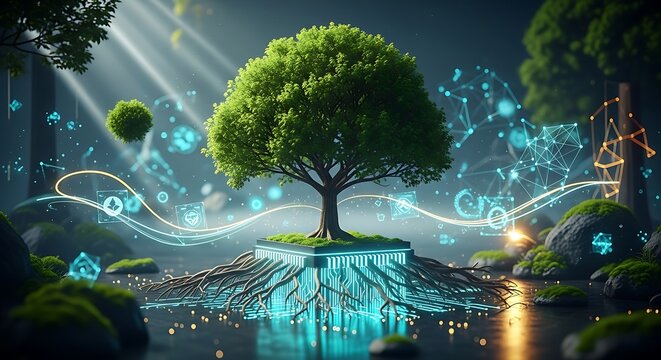 Tree with glowing roots and blue lights in a fantasy forest