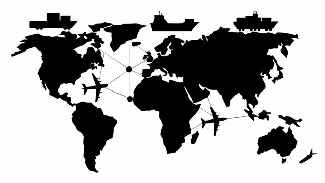 Global logistics and transportation concept with world map silhouette, cargo ships and airplanes