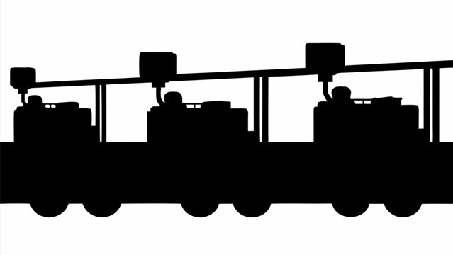 Silhouette of a modern cable car or aerial tramway system with passenger cabins hanging from a rail