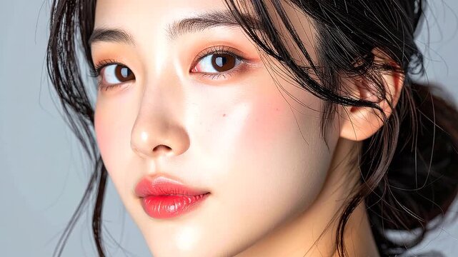 Audition オーディション 007 Close-up Portrait of a Young Japanese Woman with Orange Makeup and Glossy Lips（オレンジ系メイクとツヤのある唇の若い日本人女性のクローズアップポートレート）