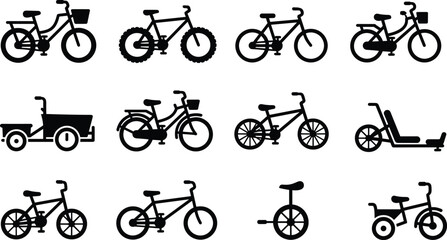 Bicycle Silhouette Icons Set with City Bike, Mountain Bike, Cargo Bike, BMX, Recumbent, Tricycle, and Unicycle © Mitu