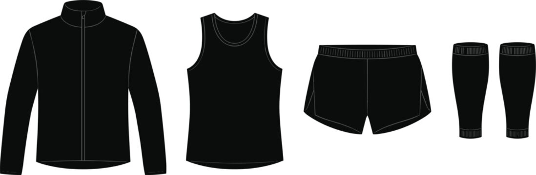 Mens Track and Field Running Apparel Silhouette Icon Set with Windbreaker Zip Jacket Athletic Tank Top Sprint Shorts and Calf Compression Sleeves