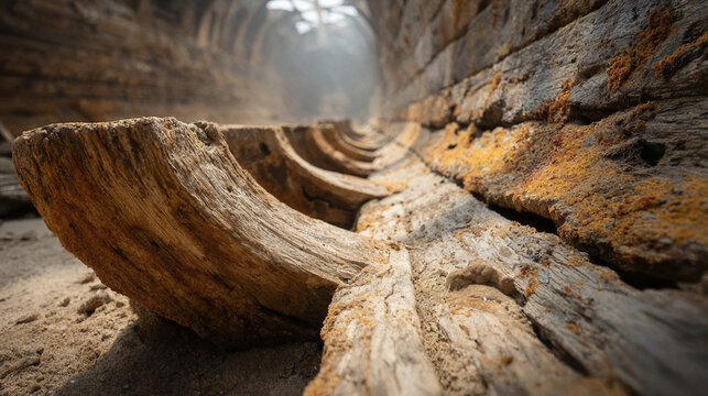 Ancient wooden ship hull ribs exposed on sandy ground