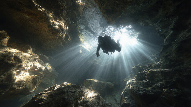 Freediver explores a sunlit underwater cave with dramatic light rays