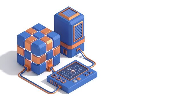 Quantum processor module with cooling tower in 3D isometric style