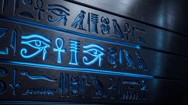 Glowing blue ancient Egyptian hieroglyphs on a dark metallic surface, mystical and futuristic art.