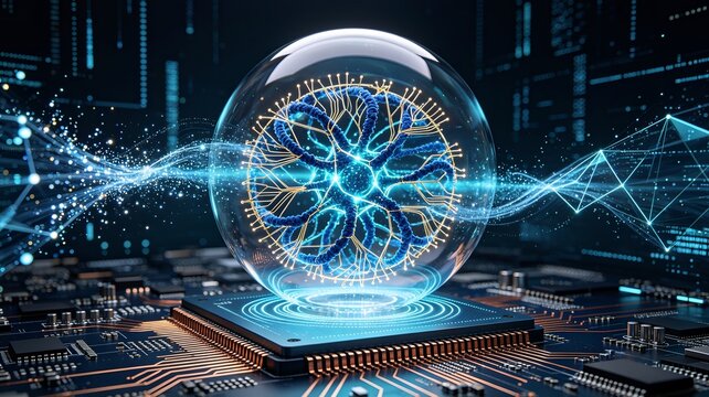 Bright abstract technology sphere resting on circuit board platform background for quantum computing hardware and digital network processor theme