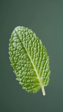 Single mint leaf floats gently with detailed veins against a dark green background