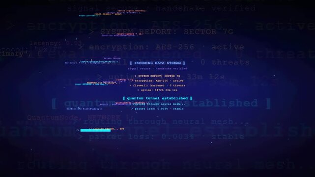 Abstract Digital Data Stream with Scrolling Computer Code and Cyber Security Interface Elements