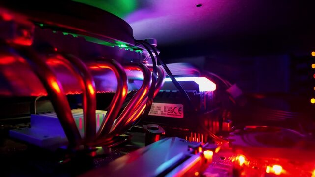 Dynamic close up of computer components with colorful RGB lighting effect.