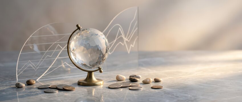 A crystal globe stands on a surface with coins scattered nearby and transparent panels displaying rising financial graphs in the background.