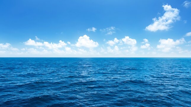Deep blue ocean waves meet clear blue sky with fluffy white clouds on horizon at summer day scenery captured from peaceful water surface perspective calm view.