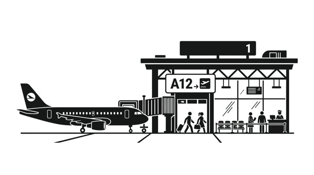 Airplane at Airport Terminal Gate with Passengers and Jetway - Vector Illustration