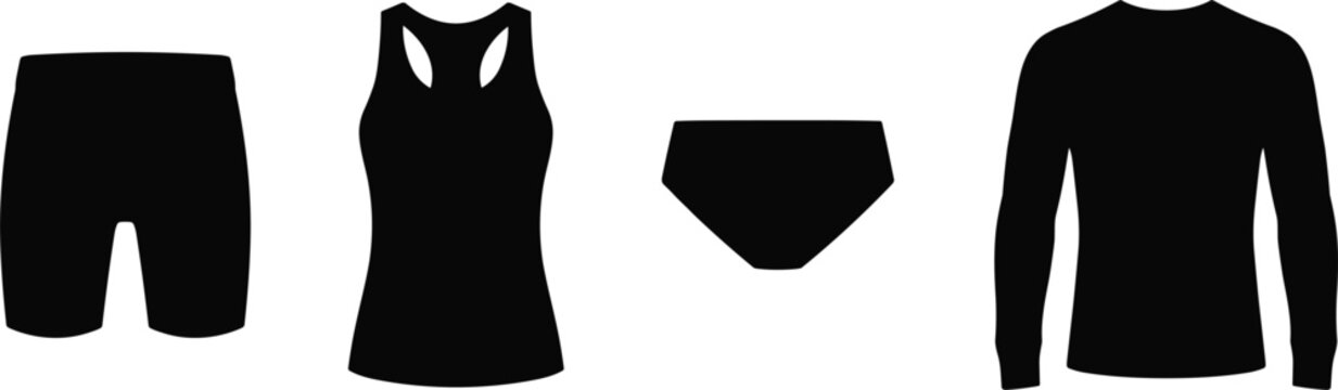 Womens Activewear and Athletic Base Layer Silhouette Icon Set with Racerback Tank Top Long Sleeve Shirt Fitted Shorts and Briefs