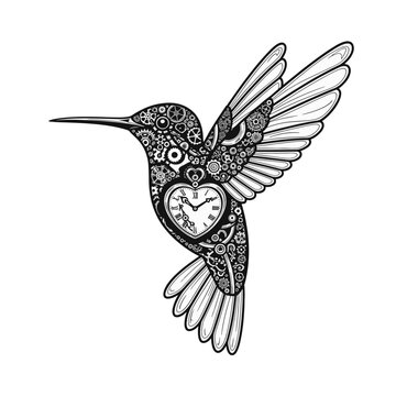 Mechanical hummingbird steampunk vector illustration featuring intricate gears, cogs, and clockwork elements with a central heart-shaped clock face, black and white isolated art.